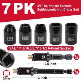 Geinxurn 3/8" Drive Impact Socket Set,7 Pieces Standard SAE (1/4 to 7/16), 6 Point,S2 Alloy Steel Strong Magnetic Hex Socket Drive Adapter Nut Driver