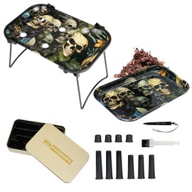 14-in-1 Upgraded Metal Rolling Tray Set - Dual 9.2x6.3 Expanded Trays with 4 Slots Cone Loader, Portable Pre Roll Machine Kit with Lid, Foldable Stand, Cone Roller, Cone Fillers & Funnel(Skulls)
