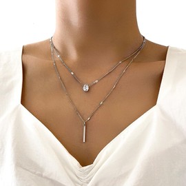 QLUYCKW Long Layered Pendant Necklace Trendy Simple Diamond Beaded Chain Drop Necklaces Jewelry for Women Gift (Silver)