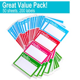 4 Colors (Hello My Name is) Name Tags Stickers 200 Labels for Office, Meeting, School, Teachers and Mailing