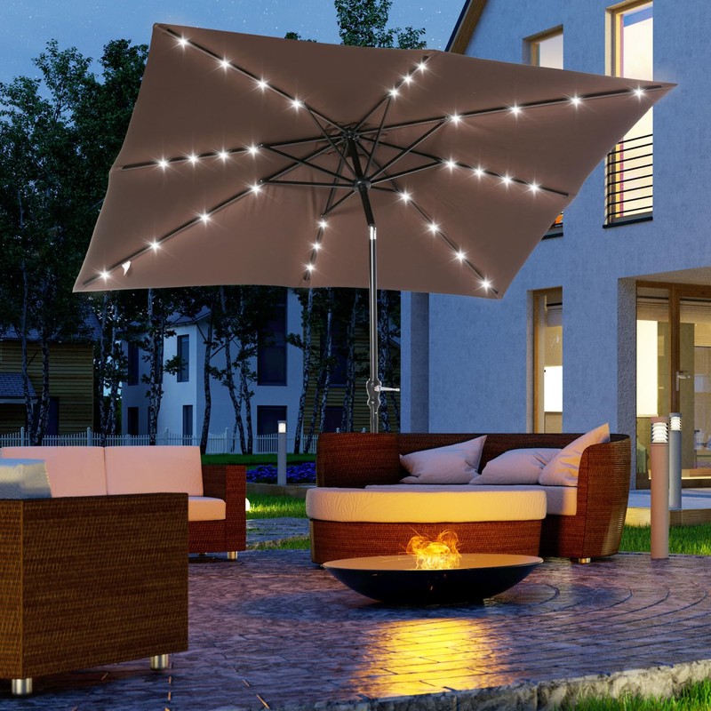 9'x7' Solar Powered Patio Umbrella with LED Lights