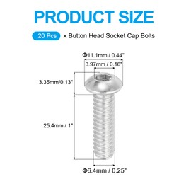 PATIKIL 1/4-20x1" Button Head Socket Cap Screws, 20 Pcs 304 Stainless Steel 18-8 Socket Cap Screw Bolts Allen Hex Drive Full Thread Fine Thread UNC