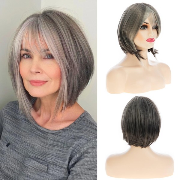 Qnbiar Short Gray Bob Wig with Bangs for White Women