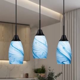 Viinew Mini Glass Pendant Light 4.72" with Handblown Blue Marble Art Glass Hanging Light 3-Pack Oval Ceiling Hanging Light Fixture for Dining Room Kitchen Island Cafe Foyer Hallway