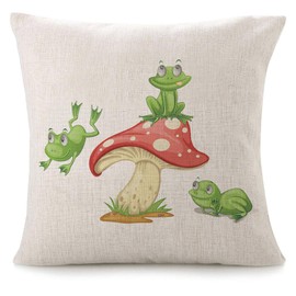 VERSUSWOLF Throw Pillow Covers for Couch 3 Frogs On Mushroom Bed Or Sofa Pillows Case Cartoon Cute Leap Adorable Amphibian Animal Green Red Spots Decorative Square Linen Cushion Covers 18"X18"
