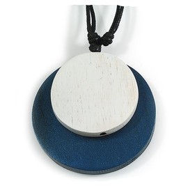 Avalaya Dark Blue & White Double Disc Wooden Medallion Pendant on Adjustable Black Cotton Cord – 52cm Min Length