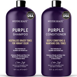 MYSTÉRE BEAUTÉ Purple Shampoo and Conditioner Set, For Blonde, Silver, and Gray Hair - Purple Shampoo Conditioner for Men Women, Sulfate Free Anti Yellowing Vibrant Color Protection - 16 fl oz each