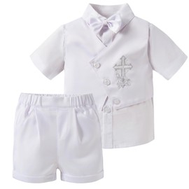 Booulfi Baby Boy Clothes 9-12 Months Baptism Outfits For Boys Christening Clothing White Baby Boy Catholic Formal Outfit Shirts Shorts and Bowtie 3 Pcs Sets
