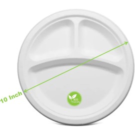 PACK OF 50 - 10" 3 COMPARTMENT STRONG DISPOSABLE PLATES Biodegradable Dinner Plates Ecofriendly Party Plates USED FOR HOT & COLD Foods Ideal for Lunch Dinner Christmas Party Office Home Birthday Party