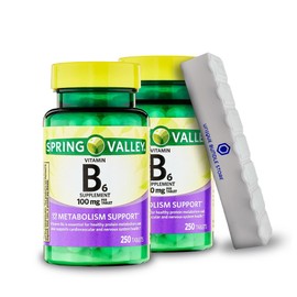 Spring Valley, Vitamin B6 100mg, 250 Count Tablets Dietary Supplement + 7 Day Pill Organizer Included (Pack of 2)