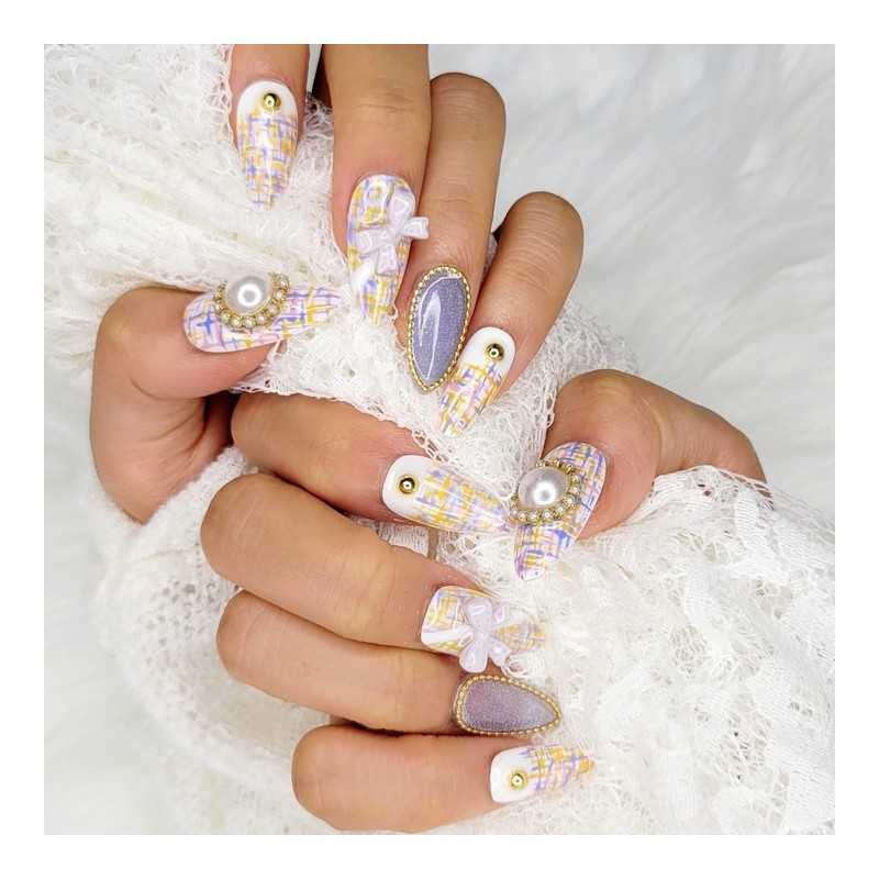 Pearl Tweed Handmade Nail Tips - Oval / 진주 트위드