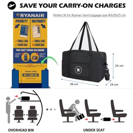 SZDPC Travel Bag for Ryanair Hand Luggage 40 x 20 x 25 cm Bag for Airplane, Foldable Small Travel Bag for Men and Women, black