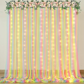 Rainbow Sheer Backdrop Curtain with Lights String 10x8ft Rainbow Tulle Backdrop Curtains for Rainbow Birthday Party Baby Shower Photo Shoot Background Decorations