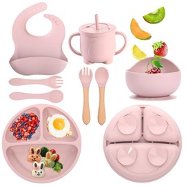 8PCS Vajillas Platos para Niños Silicona con Ventosas, Set Alimentacion Complementaria Niños Sin BPA Incluir Babero, Plato, Tazon y Cubiertosg Regalos