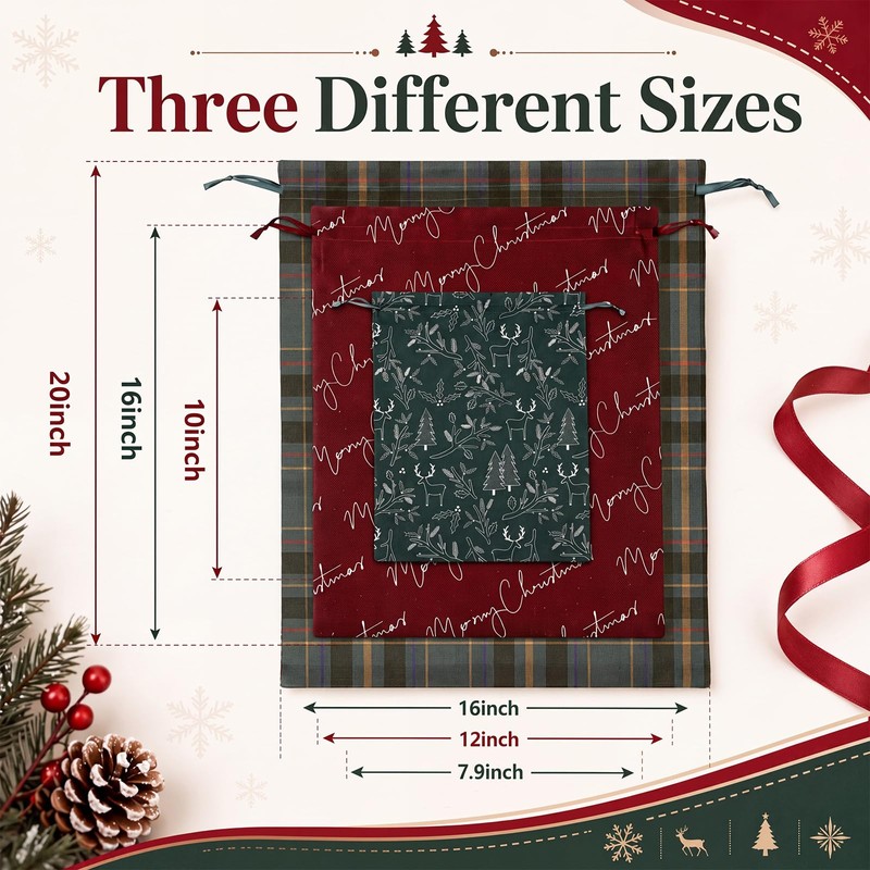 6 Pcs Christmas Tree Drawstring Gift Bags, 10" 16" 20"