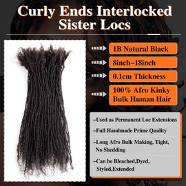 Originea 8-18 Inch Thickness Curly Tips Interlocked sisters Locs 100% Real Human Hair Micro loc Extensions Permanent Dreadlock Extensions Natural Looking Locs (1B# 0.2cm, 10 Inch 70 Strands)