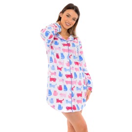 Nikaro Ladies 100% Brushed Cotton Button Through Purrrfect Cat Design Nightshirt (12-14)