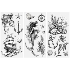 HICOHAND Vintage Rub on Transfers Stickers, 3 Sheets Black and White Mermaid Furniture Transfers Sticker Decals Retro Ocean Theme Waterproof Decals for Furniture DIY Crafts