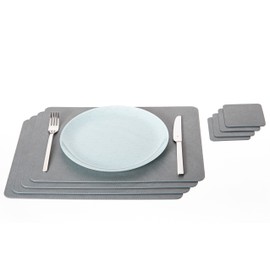 Nikalaz Set 4 Small Placemats and 4 Coasters, Table Mats Made in Europe Recycled Leather, Place Mats 15.7 x 11.8 inches and Coasters 3.9 x 3.9 inches (Dirty Grey)