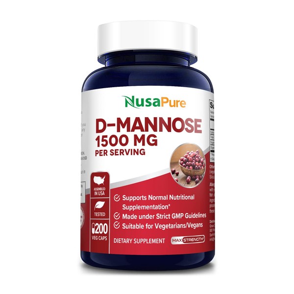 NusaPure D-Mannose 1500 mg per Serving - 200 Vegetarian Capsules (Organic, Non-GMO & Gluten-Free)