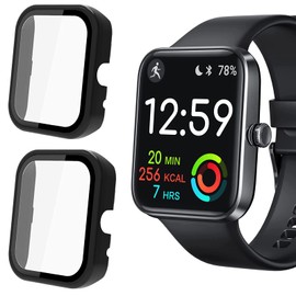 Lamshaw Compatible with Aeac Smart Watch Case, Hard PC Bumper Protective Case with Tempered Glass Screen Protector Compatible with Aeac 1.7'' ID207 Smart Watch (2 pack-Black+Black)