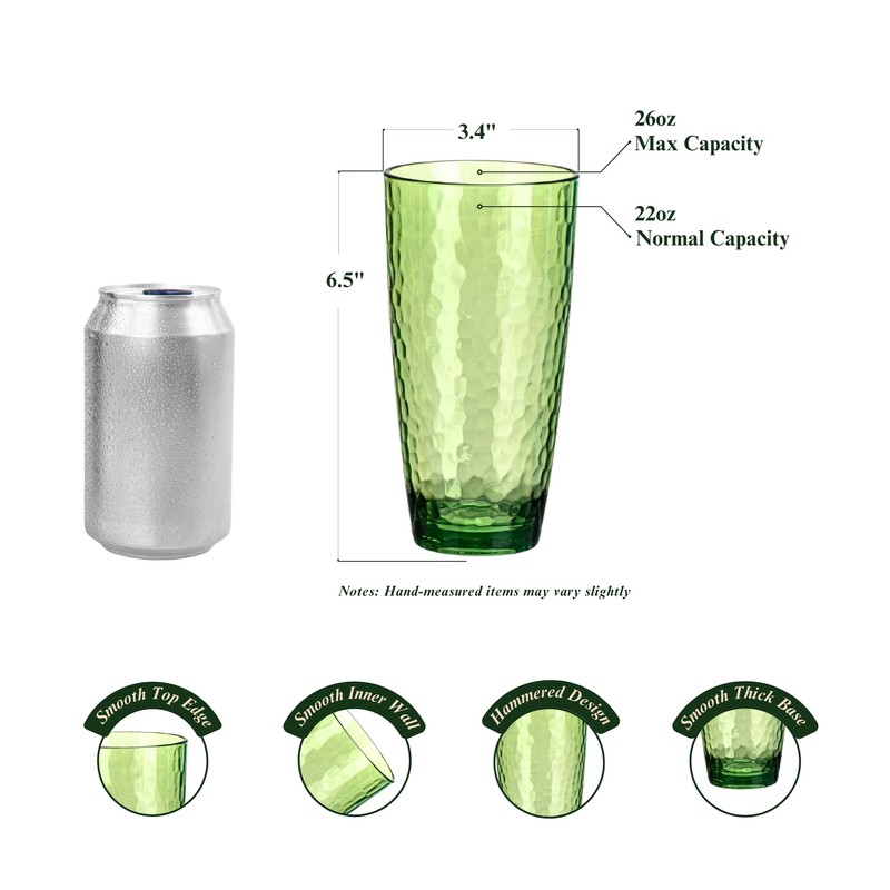 MIYOPESI 26oz Green Acrylic Glasses Drinkware (Set of 6), Hammered
