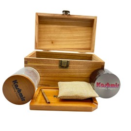 Kashmir Wooden Storage Box Kit with Lock and Cherry Wood Combo, Stash Storage Box for Home Organization and Decoration - Great Holiday Gifts Set with Glass Jar Tray All Accessories (6.7"x5.1"x3.1")