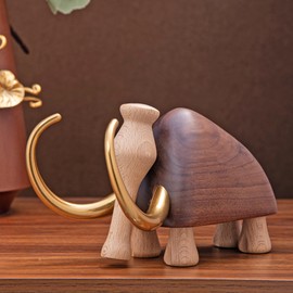 GIBOX Handcrafted Elephant Mammoth Showpiece Long Trunk Golden Tusk Brass Made Intricately Carved Animal Miniature Sculpture for Nature-Inspired Home Decor Standard Beige (19x10.5x12cm)