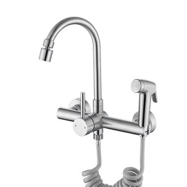 ZHYICH Wall Mount Kitchen Faucet with Side Sprayer, Commercial Sink Faucets 8 Inch Center, 360° Swivel Spout and Dual Functional Sprayer, Utility Sink Mixing, Lead-Free