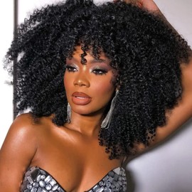 Hanne Fashion Afro Bomb Curly Wigs for Black Women Kinky Curly Wig with Bangs Short Black Curly Synthetic Wigs Fluffy Natural Black Wig for Women