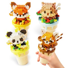 4 Packs Micro Cute Animals Building Set with Ice Cream Cup Base - Panda, Hamster, Raccoon, Fox, Creative Buidling Blocks Party Favors for Goodie Bags Stocking Stuffers Classroom Prizes Birthday Gifts