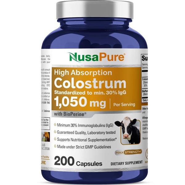 NusaPure Colostrum 1050mg 30% IgG 200 Capsules (Non-GMO, Gluten Free) Bioperine
