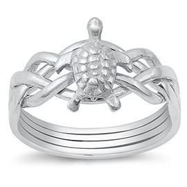 CloseoutWarehouse Sterling Silver Flatback Sea Turtle Puzzle Ring Size 7
