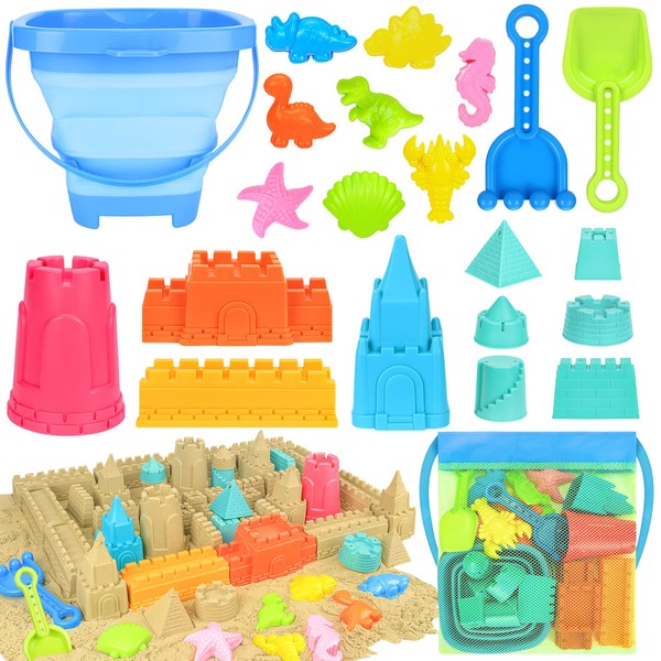 RACPNEL Collapsible Beach Toys for Kids Toddlers, Sand Bucket and Shovels Set with Mesh Bag, Sand Castle Toys for Beach, Travel Sand Toys, Sandbox Toys for Toddlers Kids Age 3-10