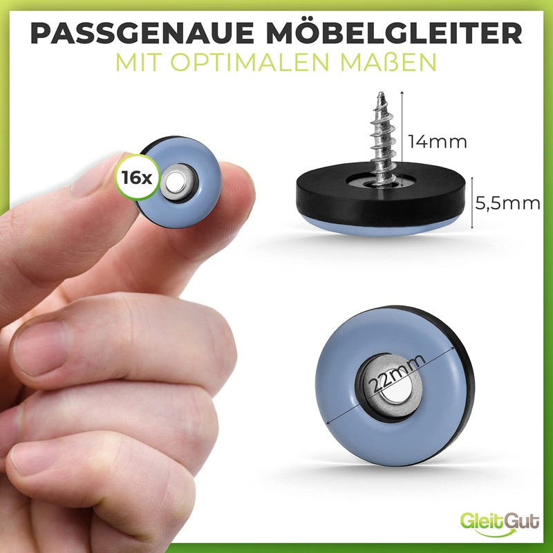 16 x PTFE/Teflon glides with screw round 22 mm -