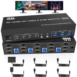 8K@60Hz Displayport +2 HDMI USB3.0 KVM Switch 3 Monitors 4 Computers, 2 HDMI 2.1 + DP 1.4Triple Monitor KVM Switch with Audio Microphone +3 USB3.0 Ports, Triple Monitor Keyboard Mouse Switcher