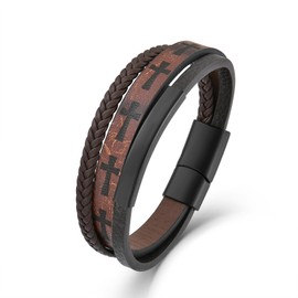Veshon Mens Cuff Cross Bracelet Multi-Layer Braided Leather Cross Bracelet for Religious Bangle Wristband Faith Christian Jewelry for Men Teen, 8.46 Inch