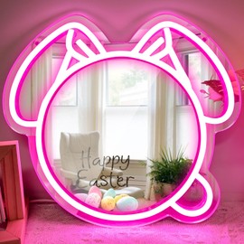 Taaneyo Rabbit Mirror with Light Neon Sign for Wall Decoration Dimmable Pink Rabbit Neon Sign for Bedroom Kid Room Store, Makeup Mirror Neon Sign for Women Girls Birthday Christmas Easter Gifts