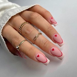 Valentine’s Day Press on Nails Medium Square French Tip Fake Nails Glossy Matte Pink Love Heart False Nails with Glue on Nails Reusable Acrylic Artificial Nails for Women DIY Nails Decoration 24Pcs