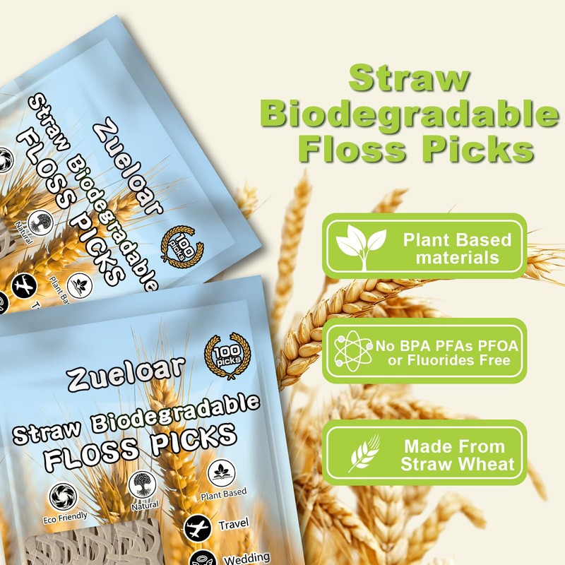 Straw Biodegradable Dental Floss Picks 200 Count,Zueloar Eco Friendly Natural