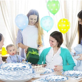 Grencian 96PCS BBQ Baby Shower Decorations It’s A BabyQ Party Plates Disposable Blue BBQ Baby Shower Tableware Set for Boys Barbecue Themed Baby Shower Gender Reveal Picnic Birthday Party, Serves 24