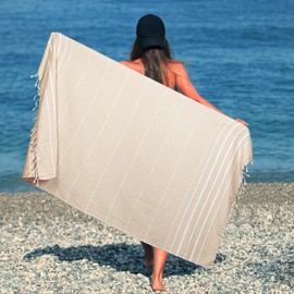 HILLFAIR Cotton Turkish Beach Towels- Lightweight Sand Free Peshtemal Hammam Beach Towels for Bath Swim Yoga Spa- Beach Accessories- XXL Oversized Beach Towels (39 x 72 inch - 4 Pack Beige)