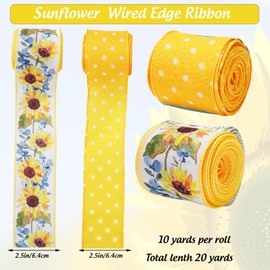 Generic AnyDesign Sunflower Dot Wired Edge Ribbon Yellow White Craft Ribbon Summer Floral Fabric Ribbon for DIY Crafts Wreath Bow Making Wrapping Party Decor Supplies, 2 Rolls, 20 Yard