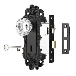 ToPToToo Mortise Lock Set for Interior Door, Antique Black Door Knobs with Lock and Skeleton Key, Vintage Door Handle Lock Replacement for Interior Doors, Matte Black Finish