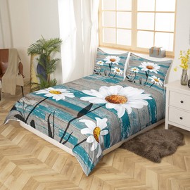 Daisy Bedding Set for Kids Boys Girls Botanical Floral Printed Comforter Cover Set Twin Size Natural Theme Duvet Cover Bedroom Decor Wood Grain Blue White Bedspread Cover Bedding Collection 2Pcs
