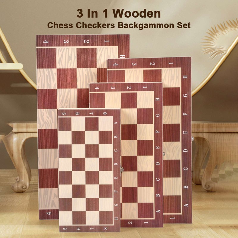3 In 1 Wooden Chess Checkers Backgammon Set Portable Wooden