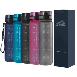 KOBONA 1L Motivational Smart Water Bottle with Time Marking Hydration Tracking Reminder for Sports Fitness - Wide Mouth for Ice, Fruit Infuser, Leak Proof, Light-Weight BPA Free Tritan Material, GREY