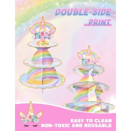 WERNNSAI Unicorn Cupcake Stand - Unicorn Birthday Party Decorations for Girls Kids 3-Tier Cardboard Dessert Tower Holder Round Serving Tray Stand Horn Theme Baby Shower Supplies