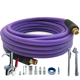 Air Hose 1/4 in x 30 ft, Hybrid Air Compressor Hose Kit with 1/4 in NPT Male Threads, 13 Piece Air Tool & Air Compressor Accessories Kit, Bend Restrictors, 300 PSI (Purple, 30FT-13 Pieces)
