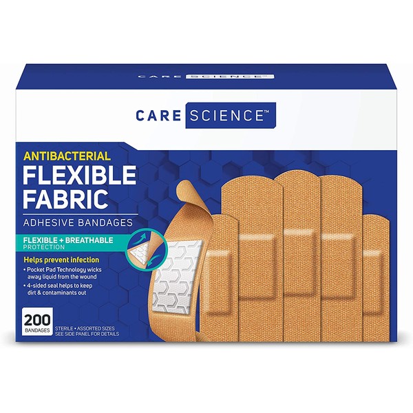 Care Science Antibacterial Fabric Adhesive Bandages, 200 ct Assorted Sizes | Flexible + Breathable Protection Helps Prevent Infection for First Aid and Wound Care